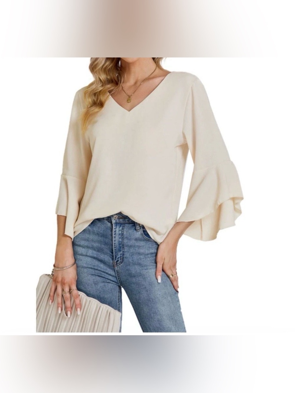 New Lyaner Ruffled Bell Sleeve Ivory V Neck Lightweight Blouse / Large